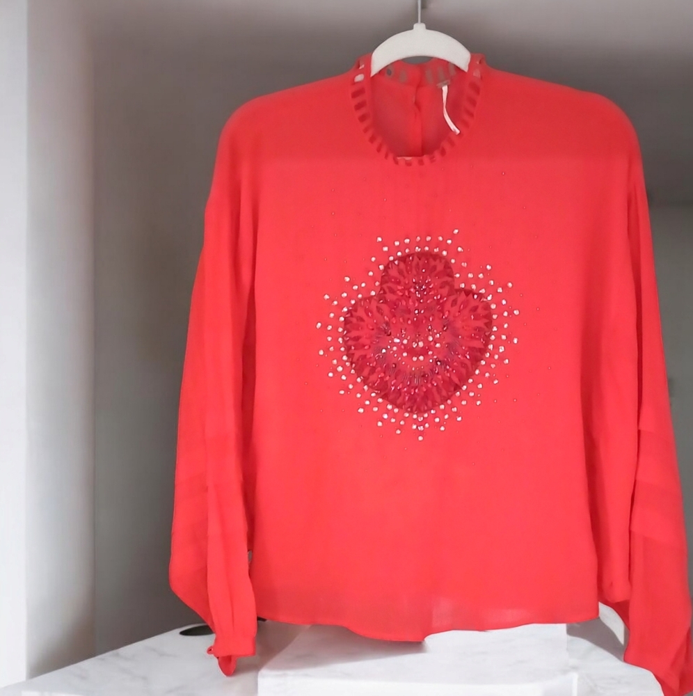 Free People Heart of Gold Blouse Fiesta Red SZ Small, Rhinestone & Embroidered